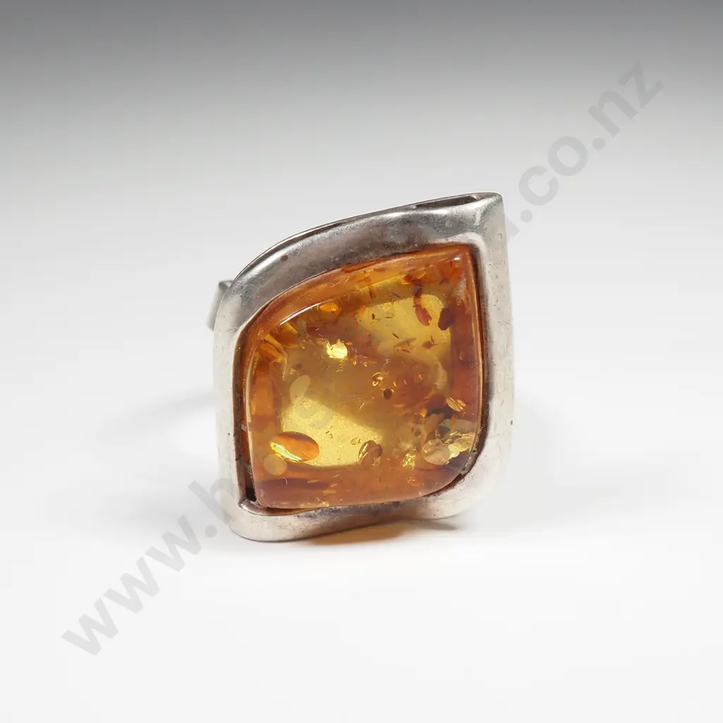 Sterling Silver & Baltic Amber Modernist Ring - 12 grams Image 1++