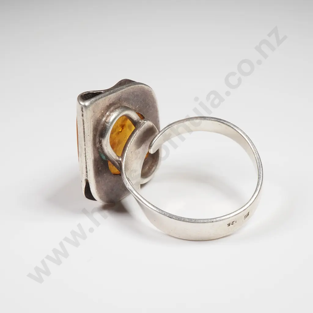 Sterling Silver & Baltic Amber Modernist Ring - 12 grams Image 1++