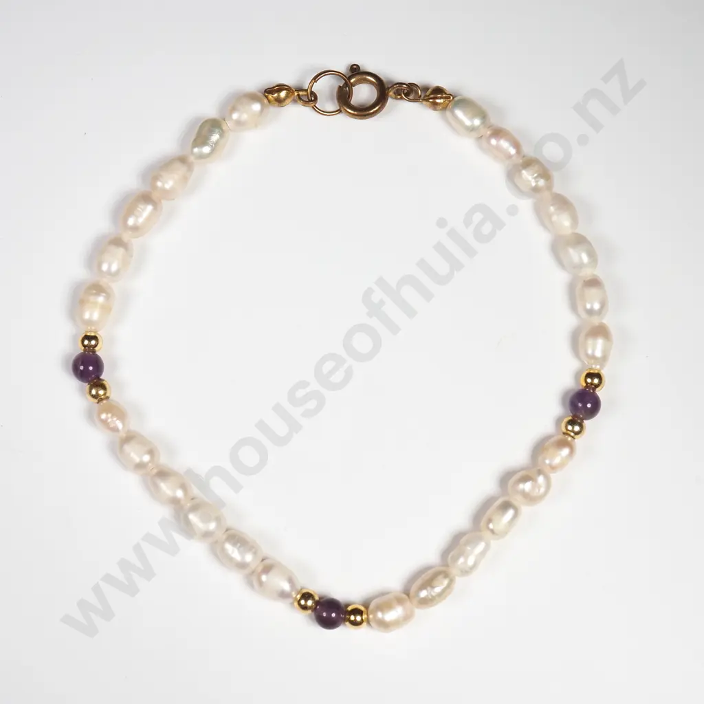 Fresh Water Pearl Bracelet w Amethyst Stones Image 1++