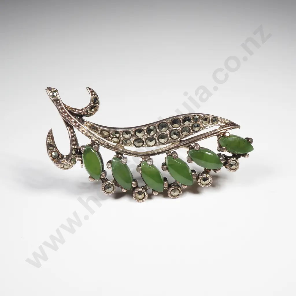 Sterling Silver Marcasite & Greenstone Brooch Image 1++