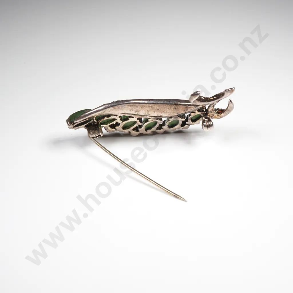 Sterling Silver Marcasite & Greenstone Brooch Image 1++