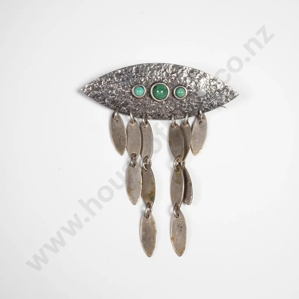 Modernist Silver Brooch w Green Set Stones A/F Image 1++