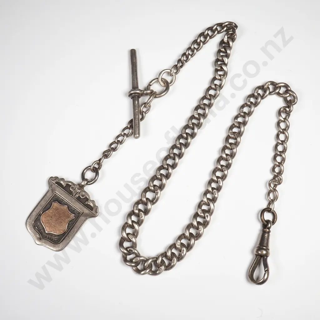Antique Sterling Silver Graduated Curb Link Single Albert Chain With Sterling Silver Medal Image 1++