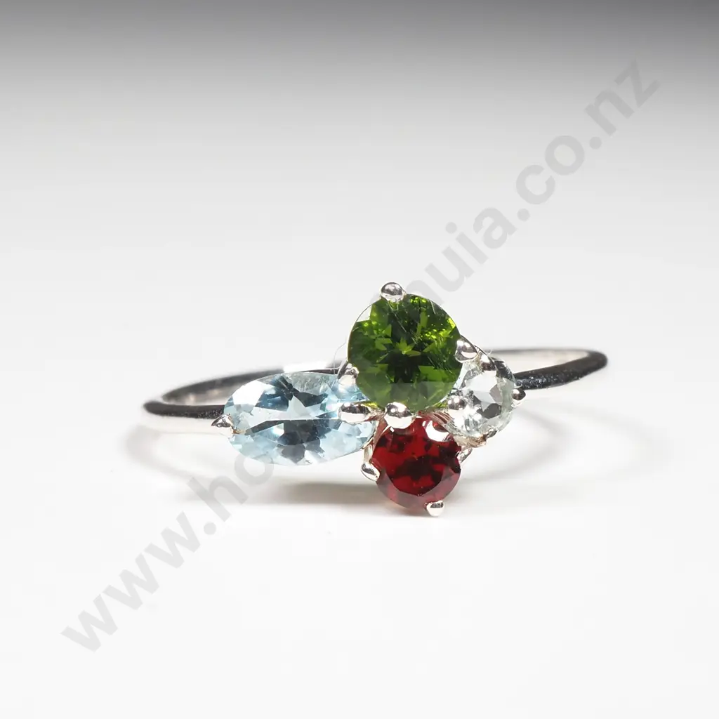 Sterling Silver Garnet, Blue Topaz & Peridot Ring Image 1++