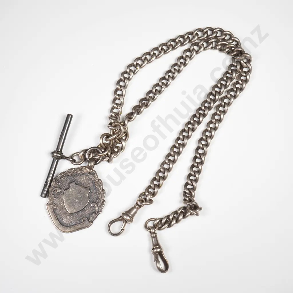 Antique Sterling Silver Double Albert Curb Link Chain With Sterling Silver Medal Image 1++