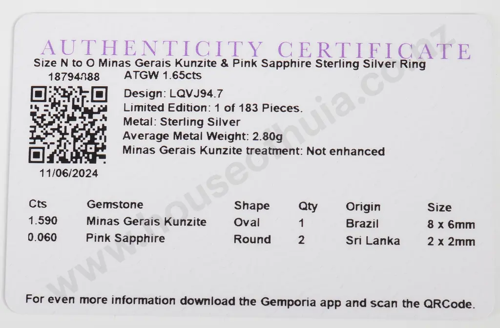 Sterling Silver Kunzite & Pink Sapphire Ring w Authenticity Card Image 1++
