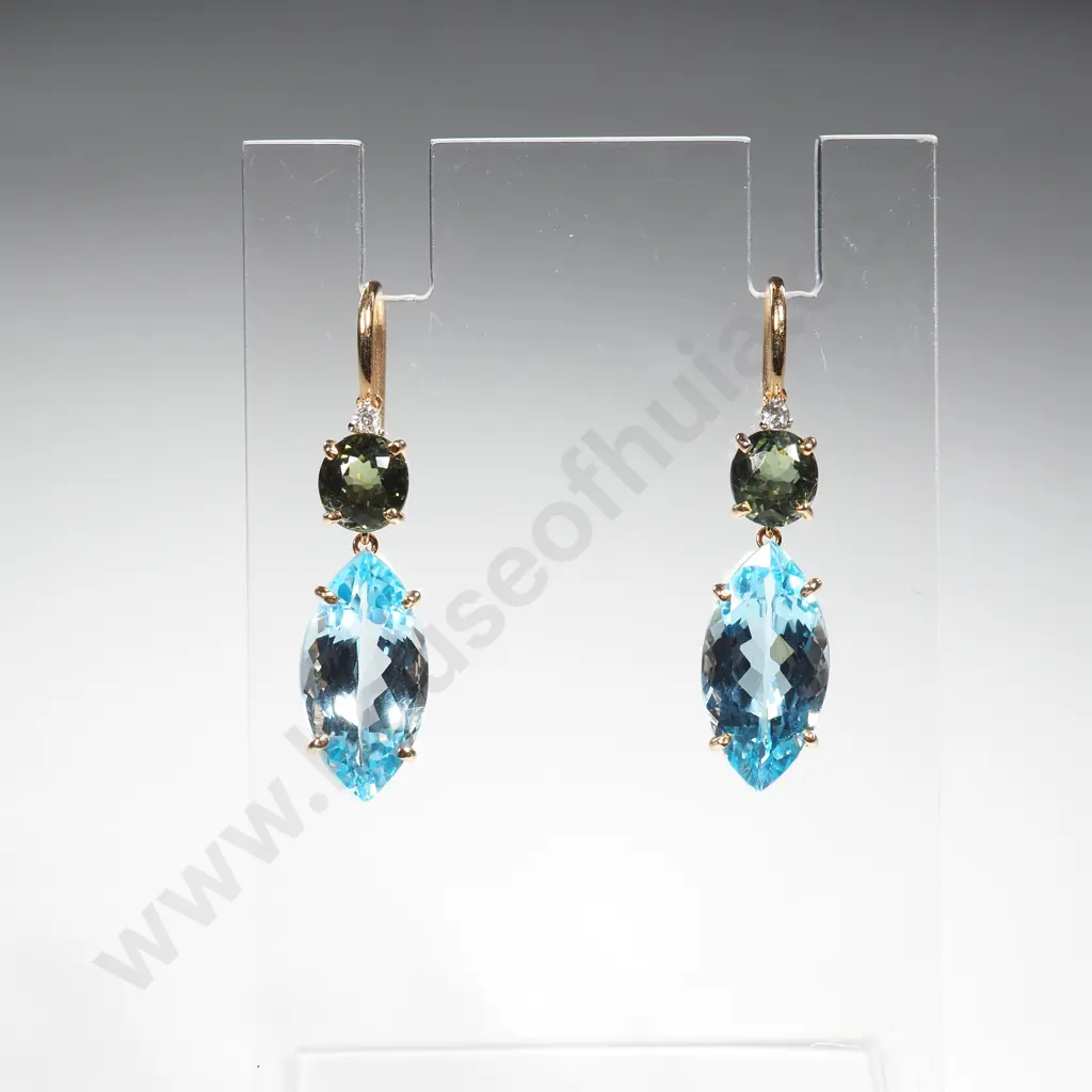 14 CT Gold Diamond, Tourmaline & Sky Blue Topaz Earrings Image 1++