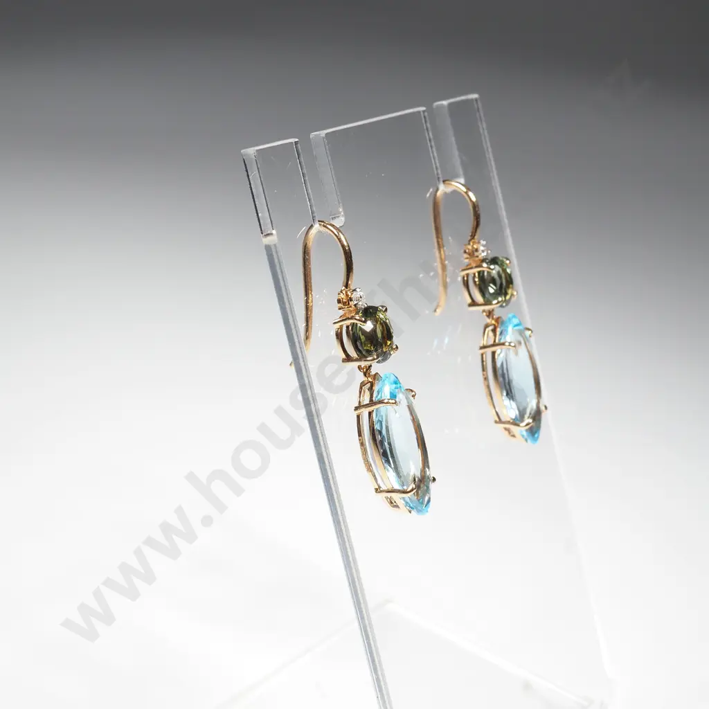 14 CT Gold Diamond, Tourmaline & Sky Blue Topaz Earrings Image 1++