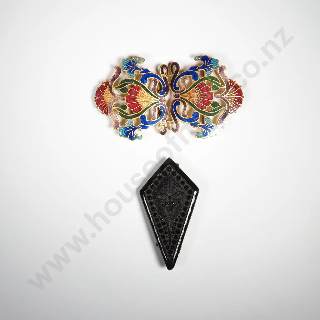Chinese Cloisonne Belt Buckle & a Half of an Art Deco Belt Buckle, Possibly Jet on Metal Backing Image 1++