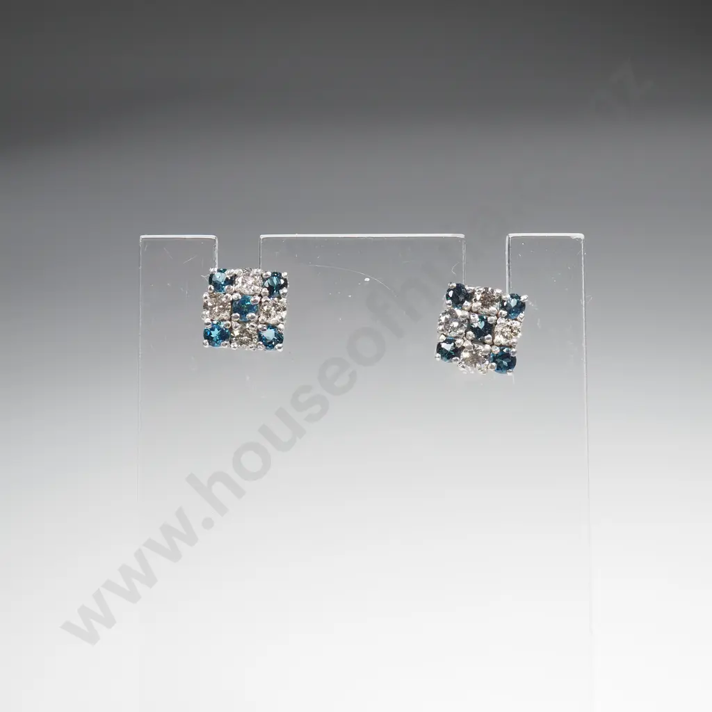 14 CT Gold Stud Earrings with Diamonds & London Blue Topaz Image 1++