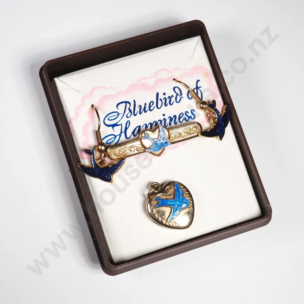 Vintage R/G Earring Brooch & Pendant Set w Blue Birds Image 1++