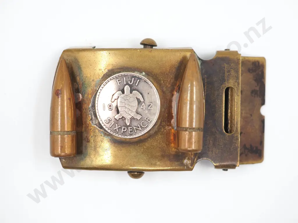 WW2 American Trench Art Belt Buckle with 1942 Six Pense  Image 1++
