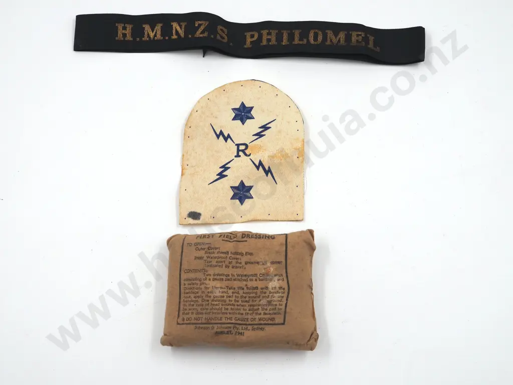 HMNZS Philomel Cap Tally & Radio Operator Trade Patch & 1941 Field Dressing  Image 1++