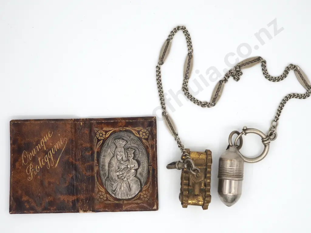 Decorative Model Tank on Fob Chain w Religious Icon in Bullet / Pill Case & Associated Miniture Prayer Book Image 1++