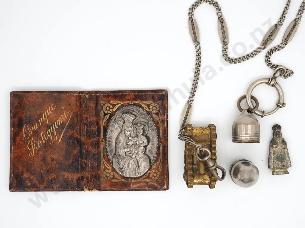 Decorative Model Tank on Fob Chain w Religious Icon in Bullet / Pill Case & Associated Miniture Prayer Book Image 1++