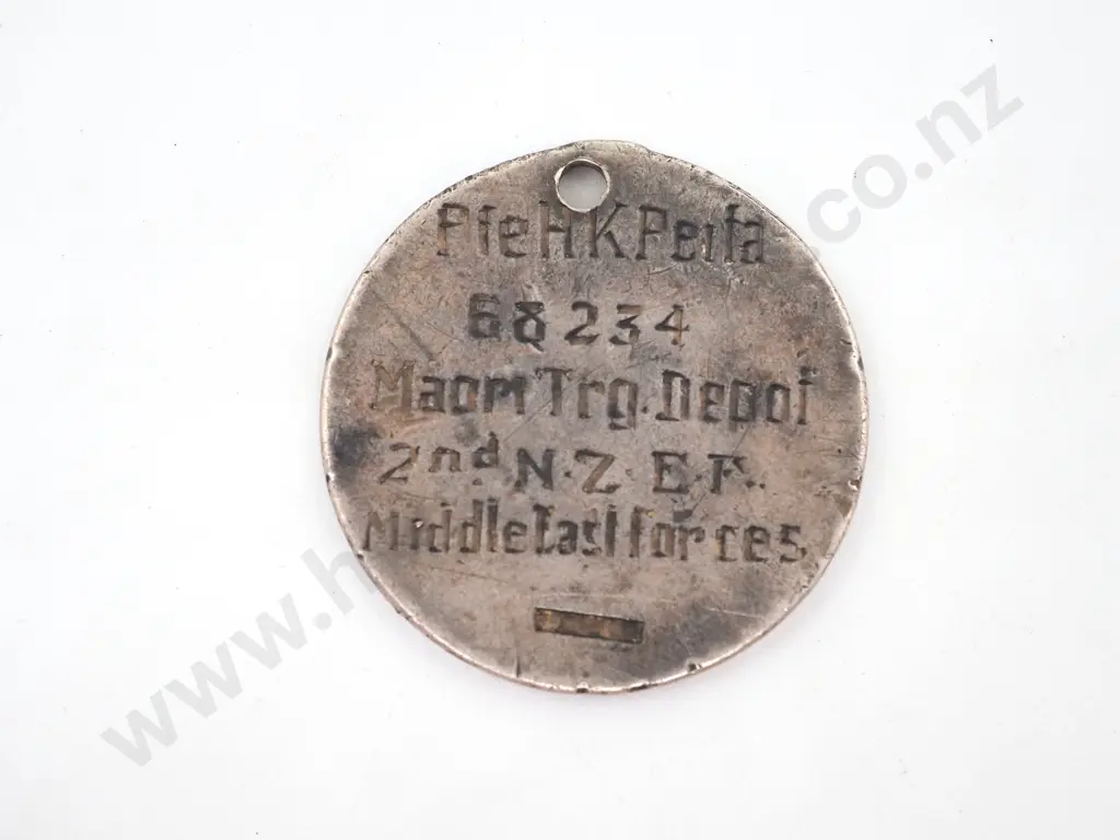 WW2 New Zealand Silver Kiwi Dog Tag to Private H K Peita, Māori Depot, Middle East Forces Image 1++