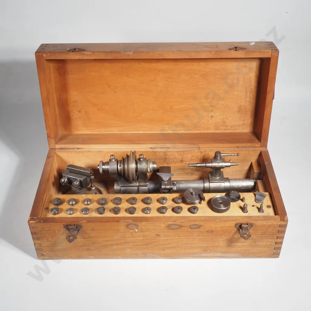 Vintage Watchmakers Lathe Set w Accessories in a Fitted Wooden Storage Box Image 1++