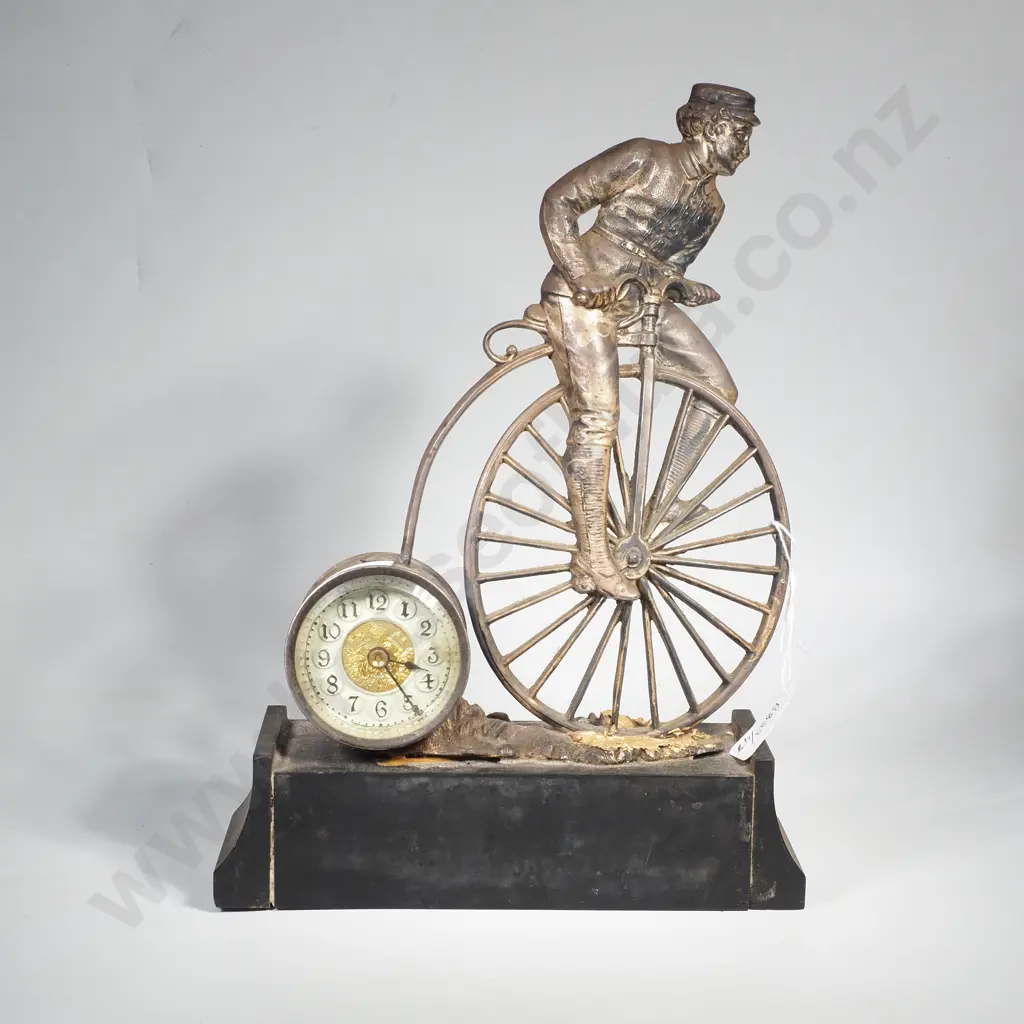 Antique Novelty Mantle Clock in the Form of a Penny Farthing & Rider on a Slate Base Image 1++