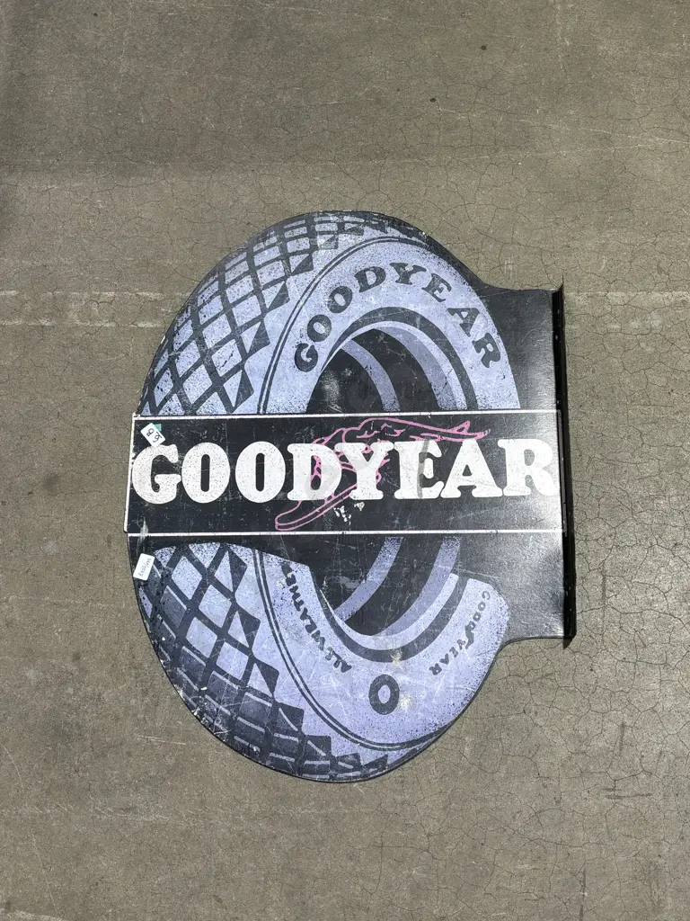 Vintage Style Goodyear Double Sided Enamel Sign w Allweather Tyre Graphic Image 1++