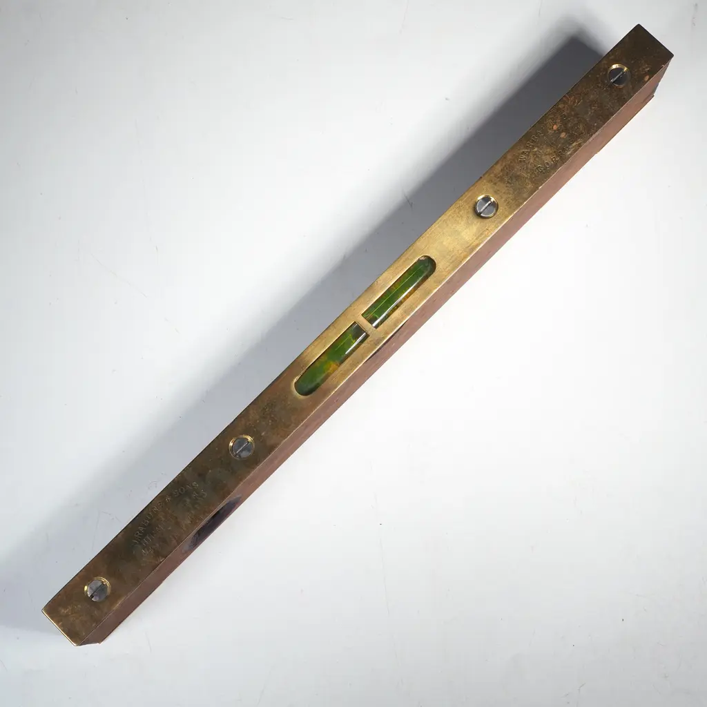 Vintage Mahogany & Brass Spirit Level W Hourglass Window Image 1++