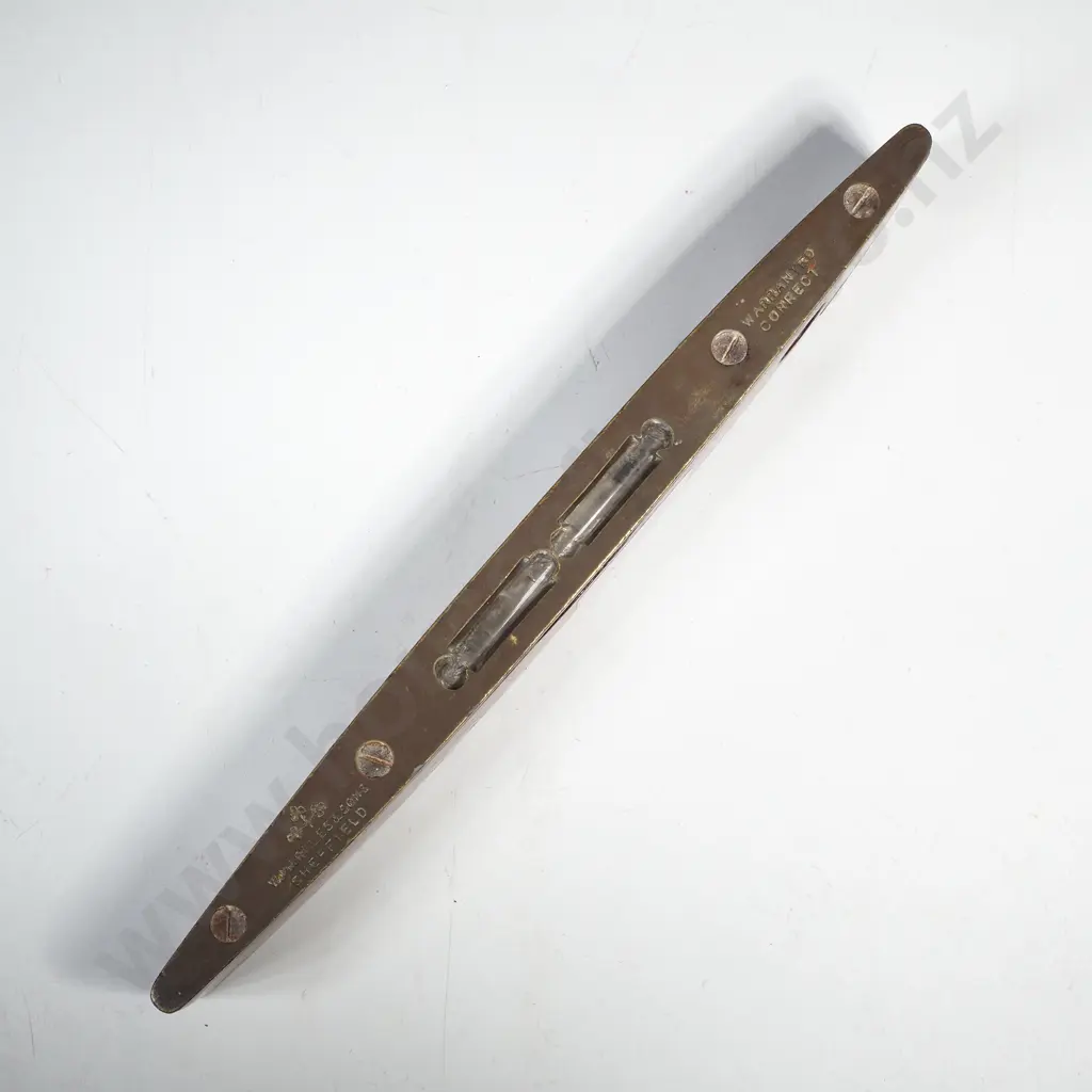 Vintage Mahogany & Brass Torpedo Shaped Spirit Level w Plumb Vial , by Marples & Sons Sheffield w Triple Shamrock Mark Image 1++