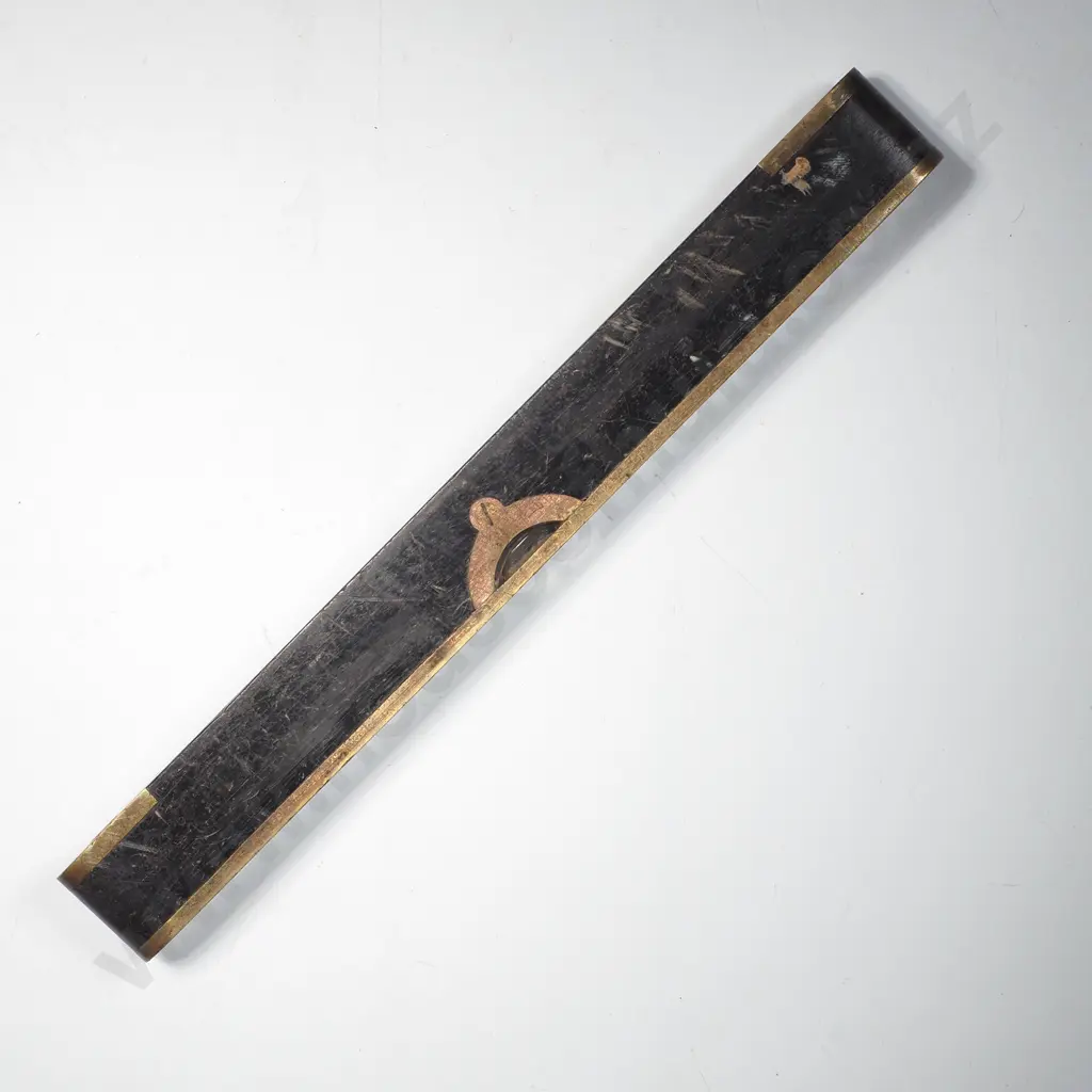 Antique Pocket Shaped  Wood & Brass Spirit Level w Central Glass, Protective End Caps & Sight Window Accents Image 1++