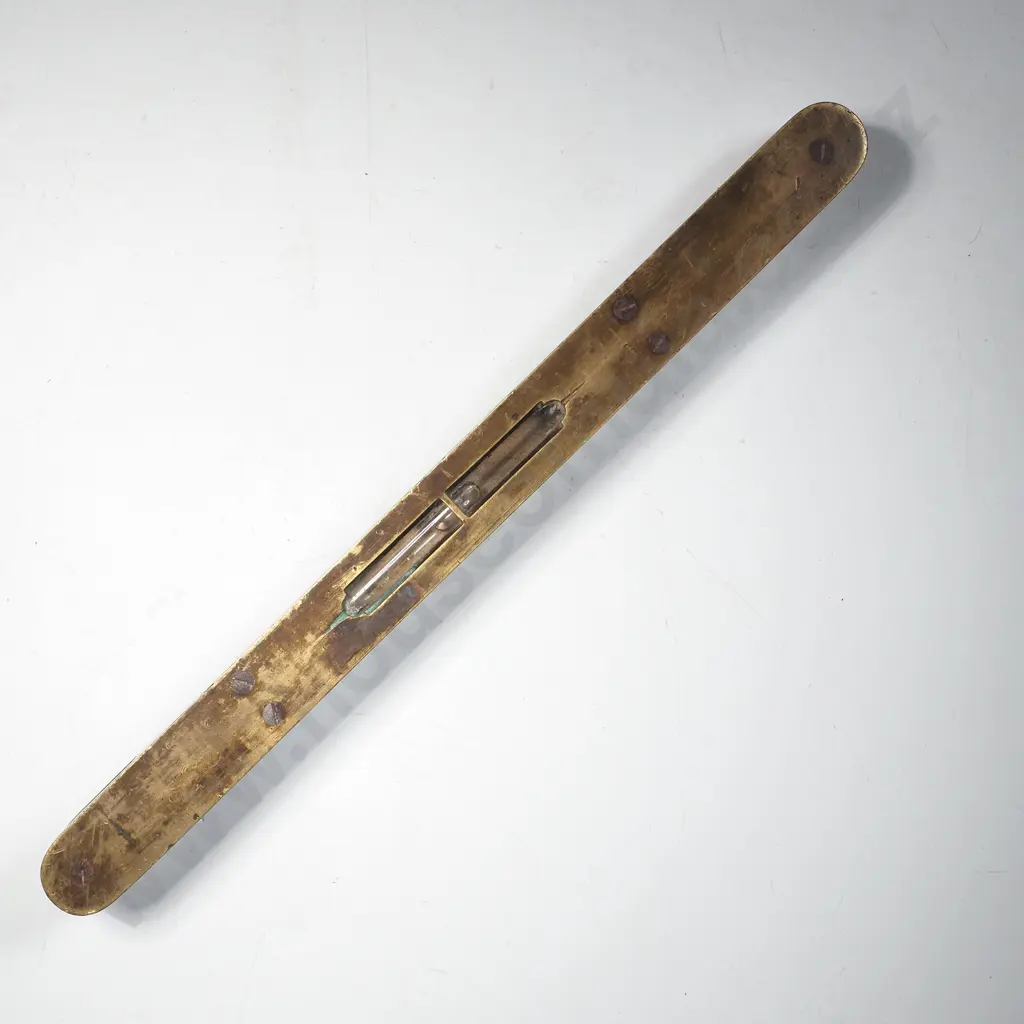 Antique Pocket Shaped  Wood & Brass Spirit Level w Central Glass, Protective End Caps & Sight Window Accents Image 1++
