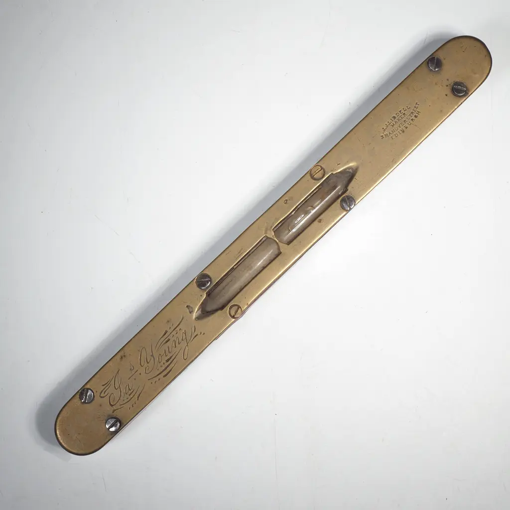Antique  Brass & Mahogany Pocket Spirit Level w Central Vial & Two Brass Cutouts, Marker James John Liddell, Edinburgh Image 1++