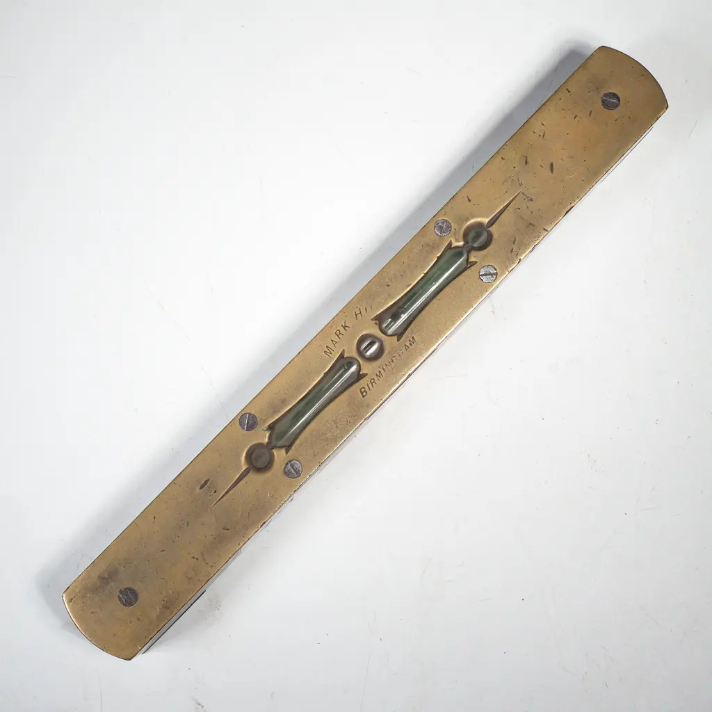 Antique Mahogany & Brass Spirit Level w Brass Top Plate & 'Gothic Style' View Window by Mark Hill, Birmingham Image 1++