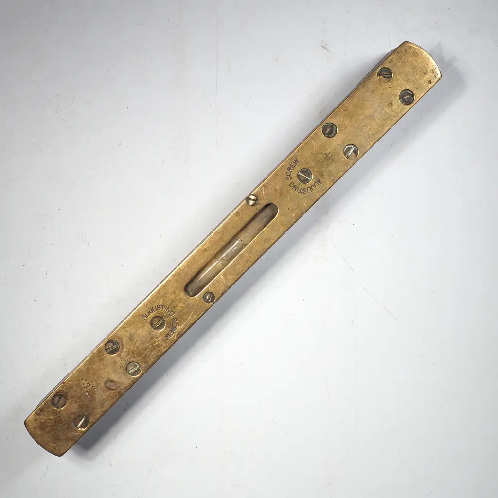 Brass Bound & Mahogany Pocket Spirit Level w One Viewing Window & Adjustable Screws,  Probably  by Stratton Bros. Image 1++