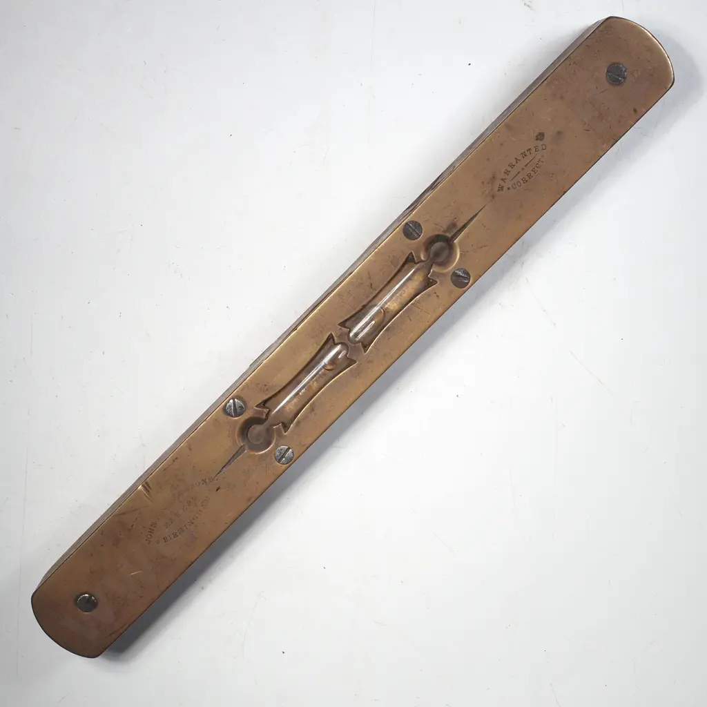 Antique Brass Spirit Level w Decorative Hourglass Cutouts w Dual View Opening Split at Centre By John Rabone & Sons Image 1++