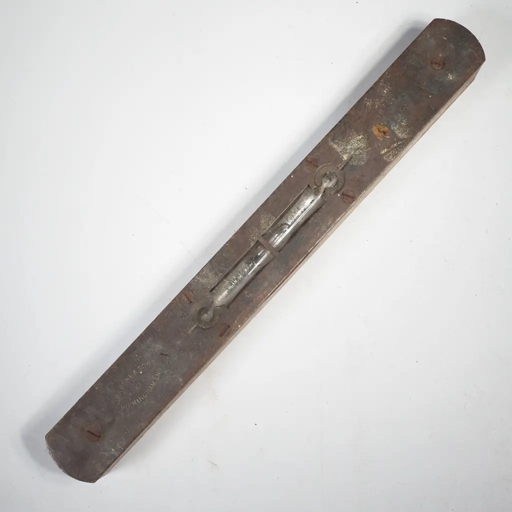Antique Brass Spirit Level w Decorative Hourglass Cutouts w Dual View Opening Split at Centre By John Rabone & Sons Image 1++