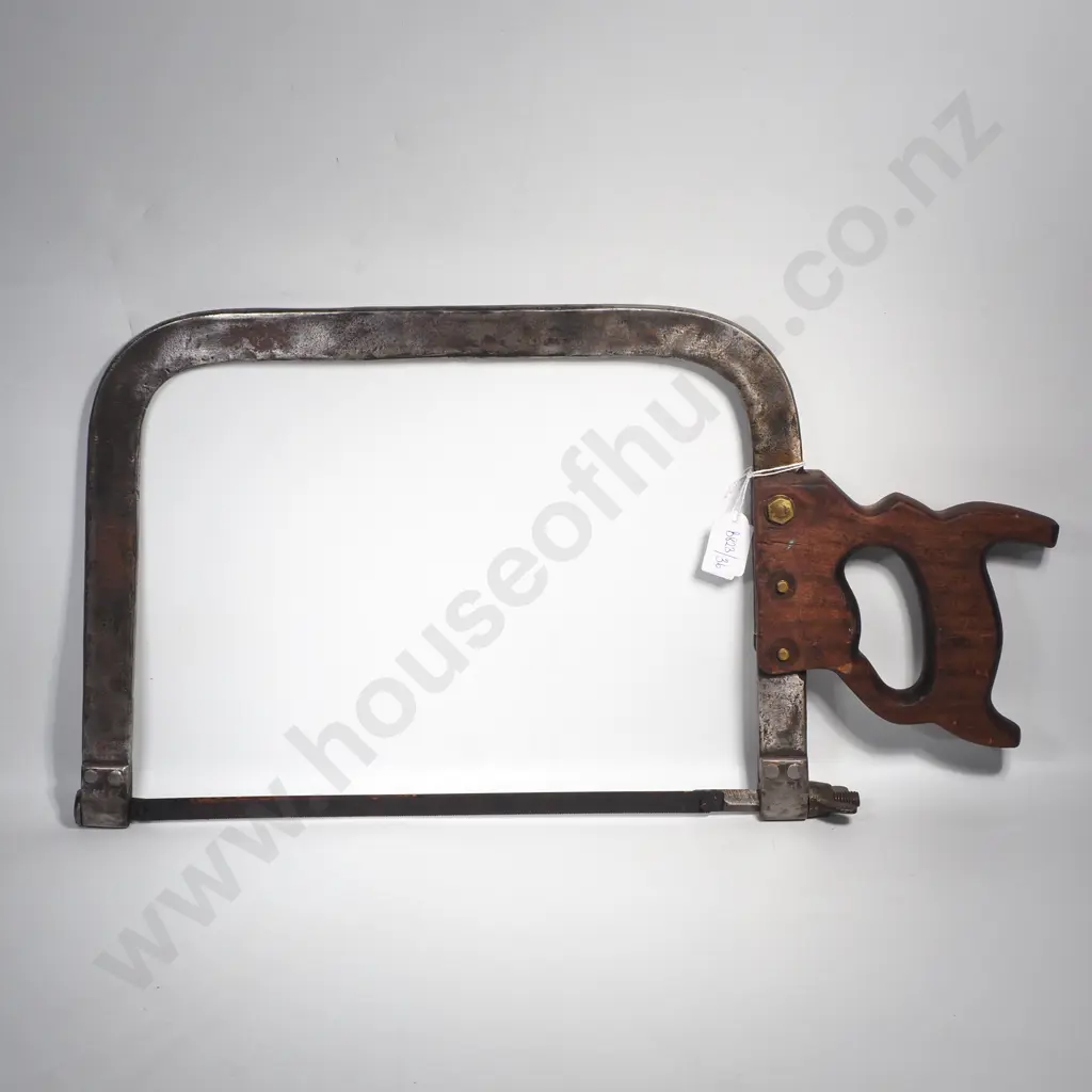 Vintage Butcher's Meat Saw w U Shaped Steel Frame, a Riveted Wooden Pistol Grip Handle & a Tension Bolt Image 1++
