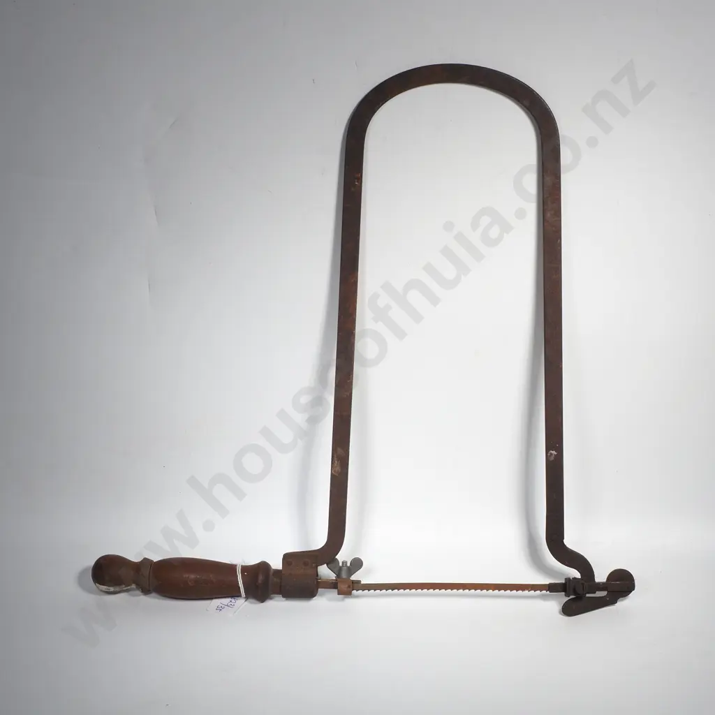 Vintage Fretsaw or Coping Saw w Weathered U Shaped Steel Frame & a Turned Wooden Handle Image 1++
