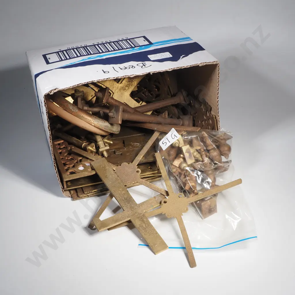 Box Containing a Large Quantity of Brass Lantern Clock Castings, Architectural Hardware & Other Brass Items Image 1++