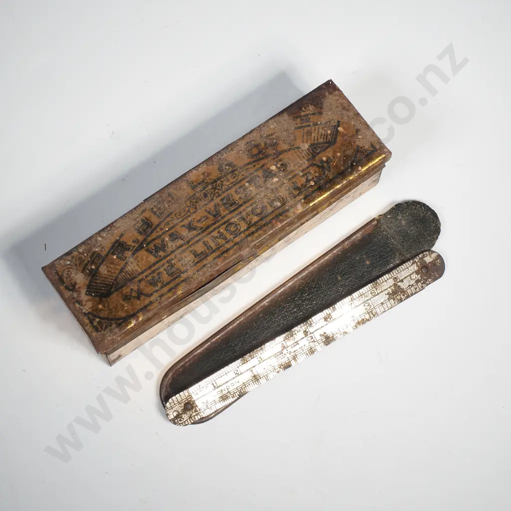R B Bell & Co Wax Matches Tin Wellington NZ & a Small Metal 8" Ruler in a Pocket Case Compliments of John Burns & Co. Image 1++