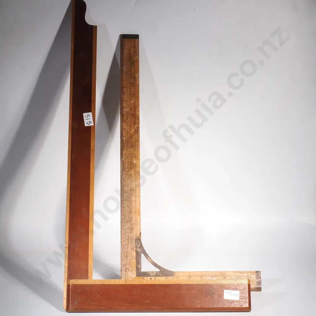 Vintage Wooden L Square to Measure 90 Degree Angles & Wooden & Brass Tailor's Square w Curved Brass Brace & Mounts Image 1++