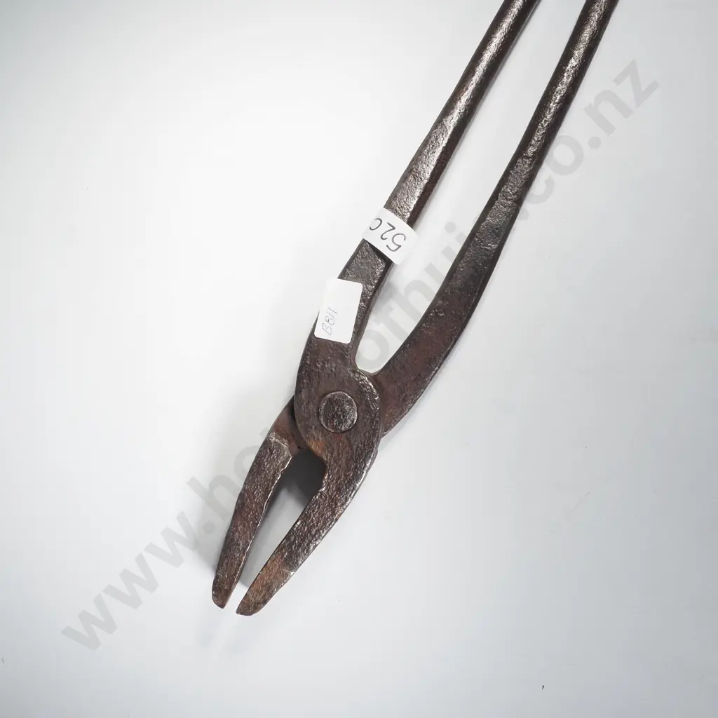 Antique Hand Forged Blacksmith Tongs w Flat -Bit Jaws  & Long Handles (Reins) Image 1++