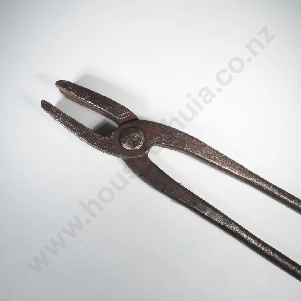 Antique Hand Forged Blacksmith Tongs w Flat -Bit Jaws  & Long Handles (Reins) Image 1++