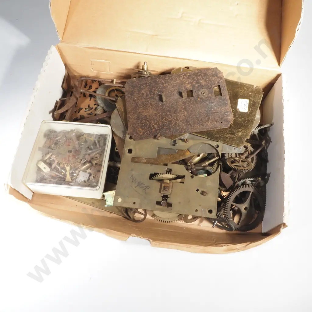 Large Box Containing Lantern Clock Components including Part Clock w Brass Dial & Various Gears & Escapement Parts Image 1++