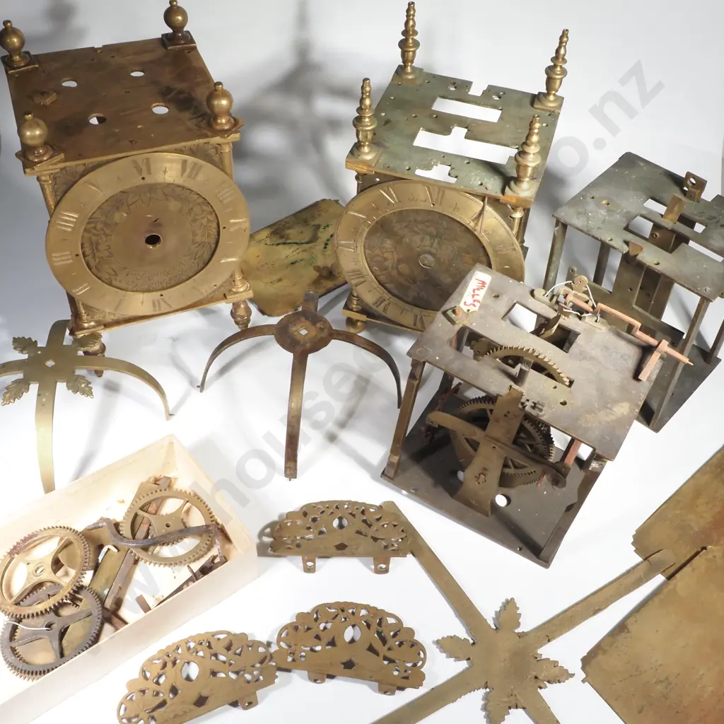 Large Box Containing Lantern Clock Components including Part Clock w Brass Dial & Various Gears & Escapement Parts Image 1++