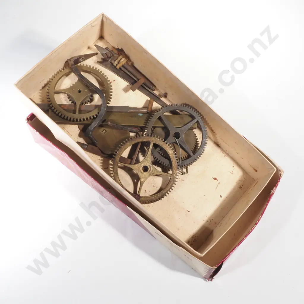 Large Box Containing Lantern Clock Components including Part Clock w Brass Dial & Various Gears & Escapement Parts Image 1++