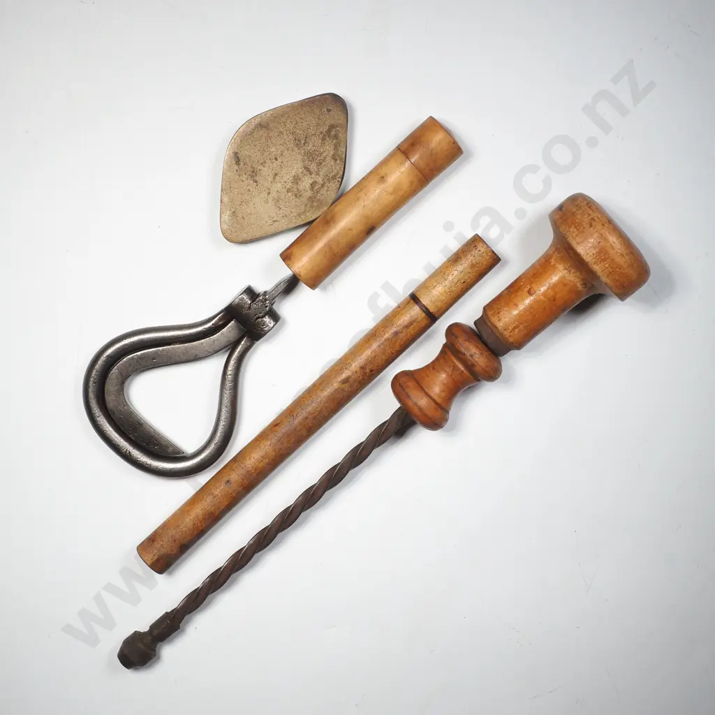 Vintage Archimedes Screwdriver, Two Treen Cylindrical Containers, Brass Container, Magnifying Glass & Horse Shoe Pick Image 1++