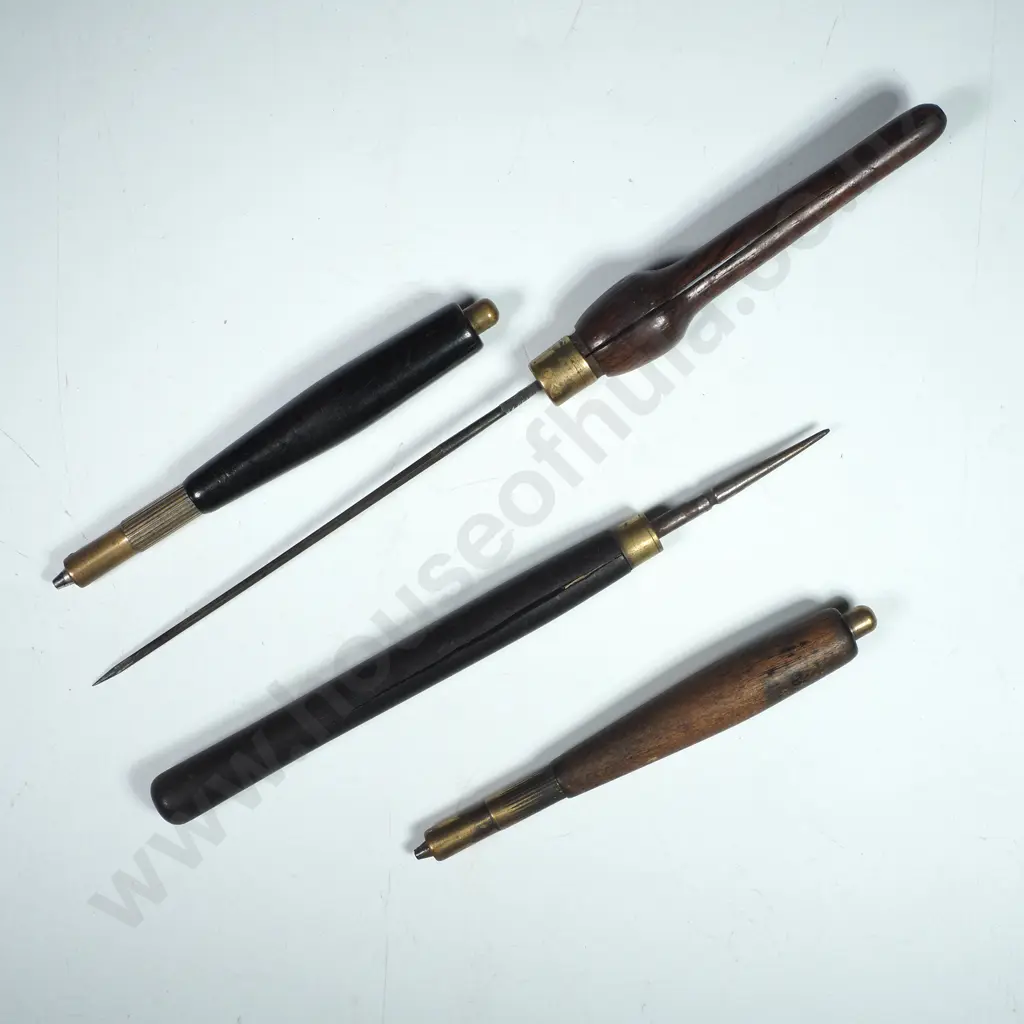 Three Wooden Handled Vintage Hand Held Jewellers Tools (Pricking or Scratch Awls) & 2 Birch Style Pocket Watch Winders Image 1++