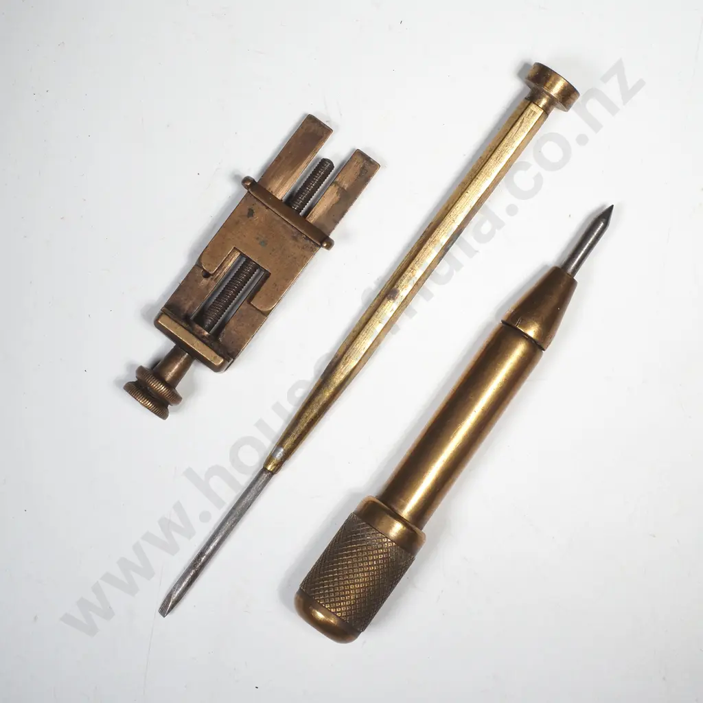 Vintage Brass Automatic Centre Punch, Watchmaker's Poising Tool & Brass Flathead Screwdriver (Jewellery Making) Image 1++