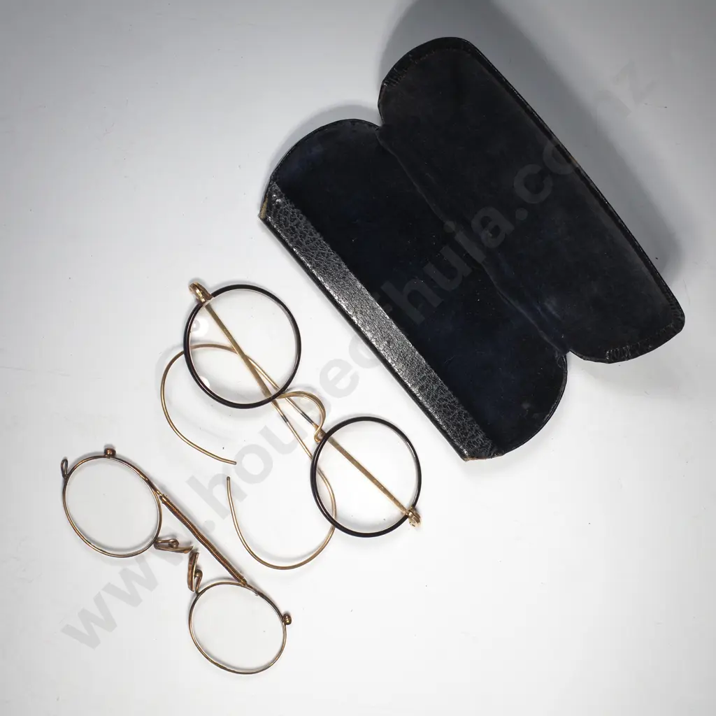 Pair of Pince-Nez & a Pair of Gold Tone Wire Rim Spectacles in a Case Image 1++