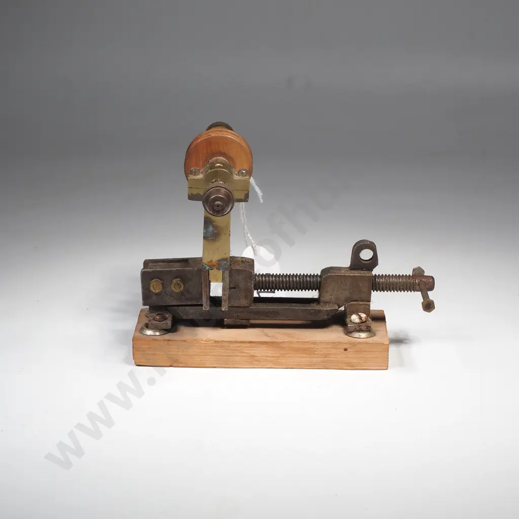 Antique Metal & Brass Watchmakers Or Jewellers Lathe Mounted on a Wooden Base Image 1++
