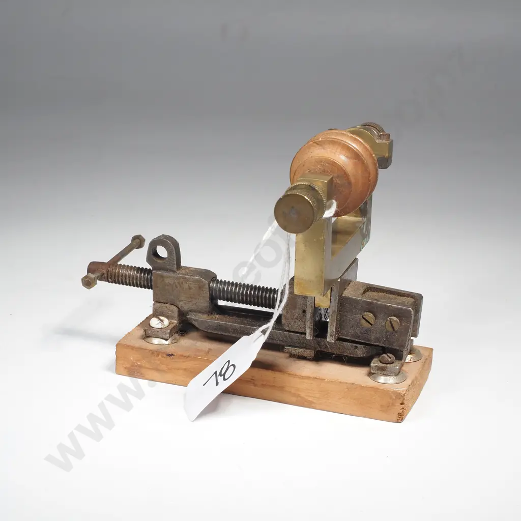 Antique Metal & Brass Watchmakers Or Jewellers Lathe Mounted on a Wooden Base Image 1++