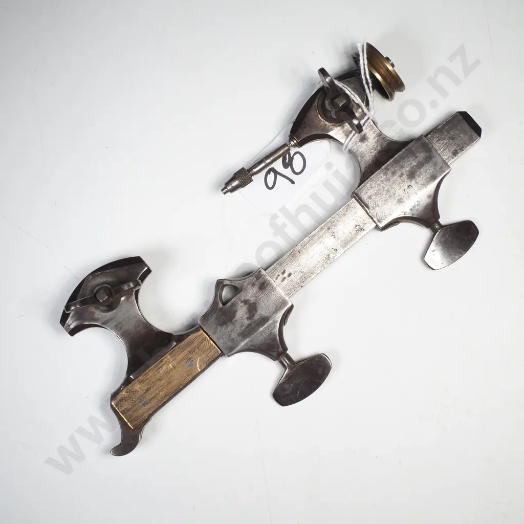 Antique Metal & Brass Watchmaker's Pivoting Tool or Pivot Lathe w Rectangular Vertical Bar & Sliding Tool Rests Image 1++