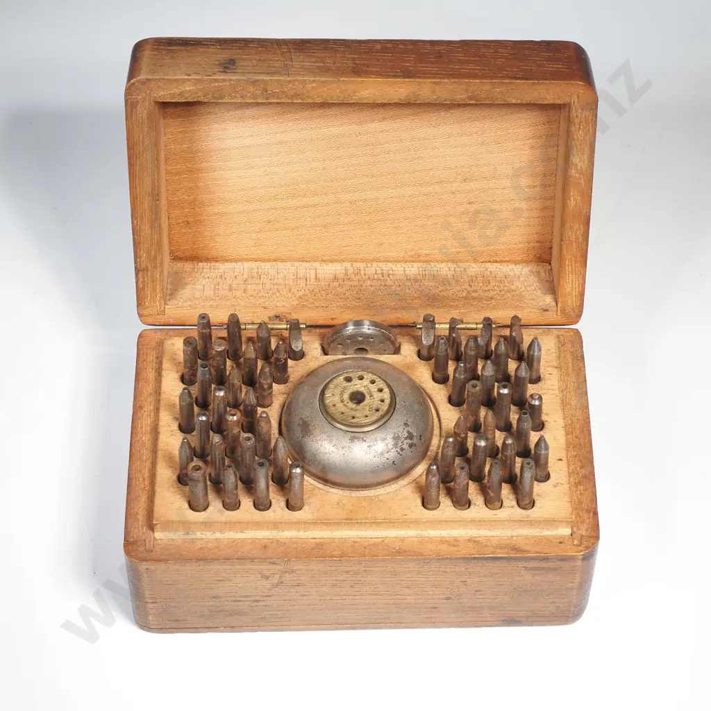 Vintage Watchmakers Staking Punch & Anvil Set in a Fitted Wooden Box w Metal Stakes & Dome Shaped Punch Image 1++